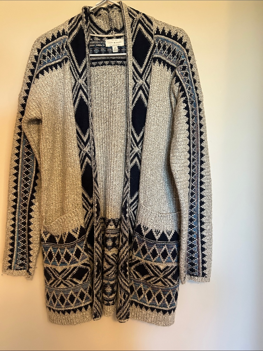 Lucky Brand Cream & Navy Patterned Open-Front Cardigan in good condition. Size S